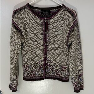 Dale of Norway Brown and Cream Cardigan with Pink & Purple Accents